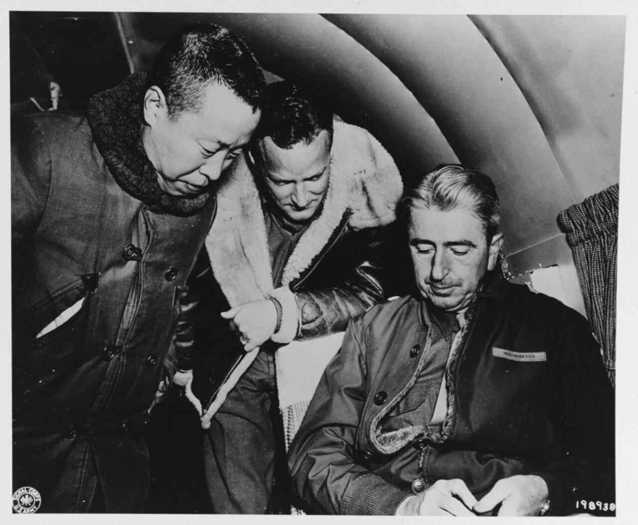 Albert C. Wedemeyer, right, by then a major general, with Yu Ta-wei and Frank Dorn on the way to Paoshan, China, December 18, 1944. Three years earlier, as a major in the War Plans Division, he had written the Victory Program by working backward from the number. (U.S. Army Signal Corps photograph (SC 198938), U.S. Navy copy 80-G-331329, National Archives via Naval History and Heritage Command, public domain)
